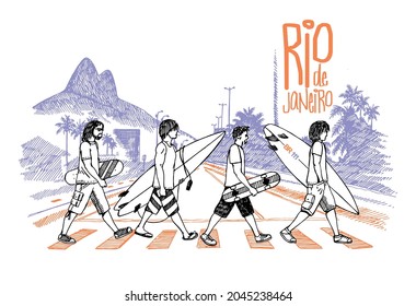 Colorful vector illustration in stripped style of surfers and skaters crossing a street in Rio de Janeiro city. Art in cartoon style.