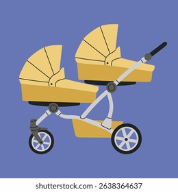 Colorful vector illustration with a stroller for twins. Baby carriage, pram, buggy. For girls and boys. Hand drawn vector illustration. Childhood, transportation, walk with children, motherhood.