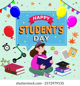 Colorful vector illustration for Student's Day, showing a cheerful student reading a book. Surrounded by festive elements like balloons, books, and a graduation cap, perfect for academic celebrations.