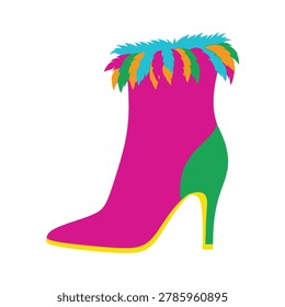 Colorful vector illustration of a stylish high heel shoe with green, pink, and yellow colors and feather trim.