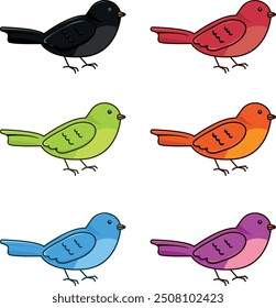 Colorful vector illustration of stylized birds in various hues and colors. Red bird. Black little bird. Orange, Green, Blue and Purple Birds.