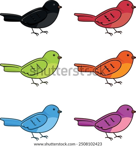 Colorful vector illustration of stylized birds in various hues and colors. Red bird. Black little bird. Orange, Green, Blue and Purple Birds.