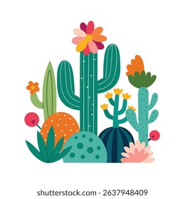 Colorful vector illustration of stylized blooming cacti and desert plants