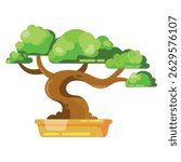 A colorful vector illustration of a stylized bonsai tree in a decorative pot, featuring a twisted trunk and lush green foliage.