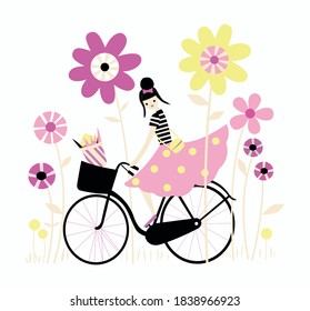 Colorful vector illustration of stylized girl riding a bicycle with flowers around. Drawing with imaginary character in cartoon style.