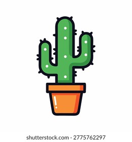 A colorful vector illustration of a stylized green cactus in an orange flower pot isolated on a white background.