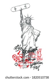 Colorful vector illustration of stylized representation of the Statue of Liberty holding a skateboard. Drawing in composition with text in urban art style.