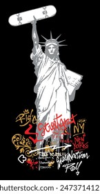 Colorful vector illustration of stylized representation of the Statue of Liberty holding a skateboard. Drawing in composition with text in urban art style.