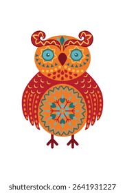 Colorful vector illustration with stylized Scandinavian owl decorated with ethnic patterns. Cute print, mascot. Ideal for textiles, prints.