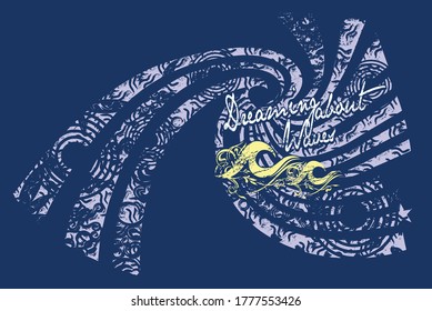 Colorful vector illustration of stylized waves with text related to surfing.