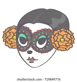Colorful vector illustration of sugar skull girl head in Halloween style, isolated on white background