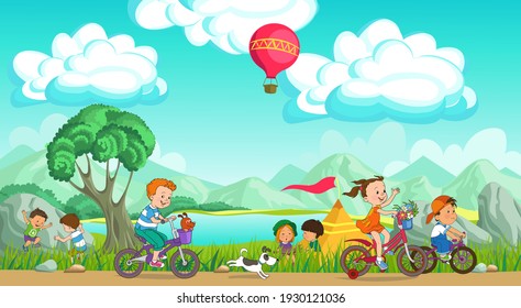 Colorful vector illustration. Summer children's rest. Happy children are resting on a picturesque meadow. They ride bicycles, play against the backdrop of mountains and blue skies.