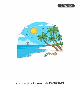 A colorful vector illustration of a sunny beach featuring palm trees, a picnic mat with a basket, and a calm ocean under a blue sky.