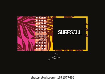 Colorful vector illustration of surf themed symbol. Silhouettes of palm leaves and stylized surfer with strokes in minimal style. Design for prints, posters and etc ...