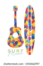 Colorful vector illustration of surfboard and guitar silhouette. Art with text alluding to the surf.