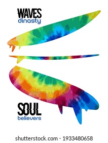 Colorful vector illustration of surfboard silhouettes with multi-colored texture background and text alluding to surfing.