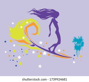 Colorful vector illustration of surfer in graphic and stripped style.