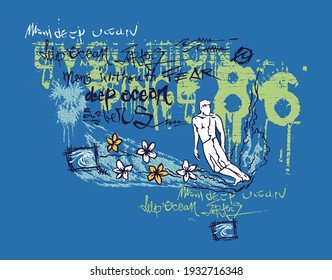Colorful vector illustration of surfer riding down wave. Art in stylized strokes, with splashes of paint, text in irregular strokes.