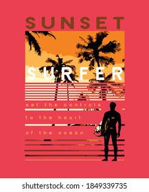 Colorful vector illustration of surfer silhouette with striped background and motifs depicting the beach.