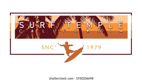 Colorful vector illustration of surfer silhouette with stripes and coconut tree in the background and text alluding to surfing.