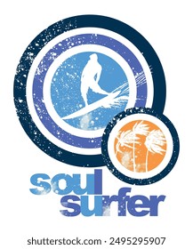 Colorful vector illustration of surfer silhouette with text and geometric shapes. Design for t-shirts, posters and etc ...