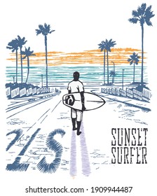 Colorful vector illustration of surfer walking towards the beach. Simple stroke art in sketch style.