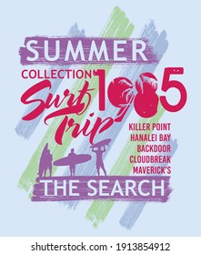Colorful vector illustration of surfers silhouettes with background effects and text related to surfing. Drawing for print on t-shirts, posters and etc ...