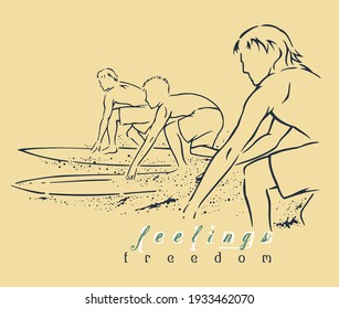 Colorful vector illustration of surfers in stripped style, with simple strokes and text alluding to surfing.