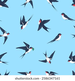 Colorful vector illustration of swallows flying against a light blue background depicting nature in motion. Seamless pattern