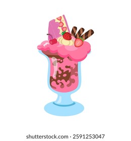 A colorful vector illustration of a sweet dessert drink in a tall glass, topped with strawberry cheesecake, whipped cream, chocolate wafers, fresh strawberries, and a cherry. 