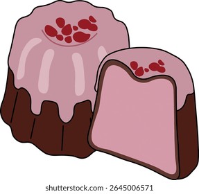 Colorful vector illustration of a sweet strawberry-flavored canelé dessert with a glossy pink glaze and decorative red velvet toppings.