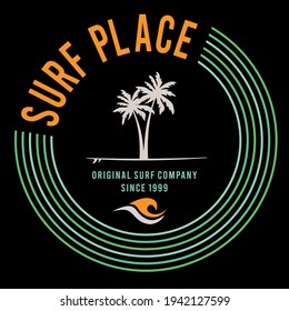 Colorful vector illustration of symbol with stylized surfboard silhouette and coconut palms, with text alluding to surfing. Art for print on t-shirts, posters and etc ...