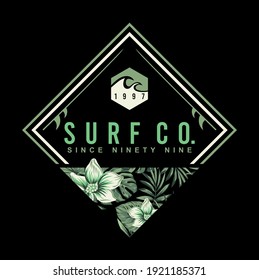 Colorful vector illustration of symbol with tropical flowers and elements alluding to surfing. Art for t-shirts, posters and etc ...