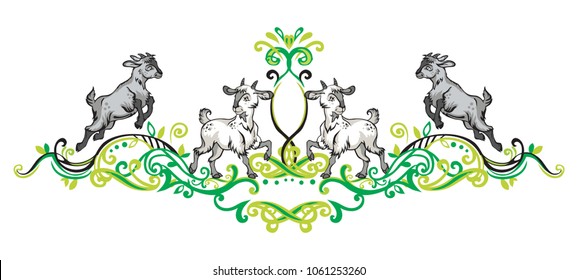 Colorful Vector Illustration.  Symmetric Decorative Floral Ornament In Green Colors With Cartoon Funny Standing And Jumping Goats Isolated On White Background.