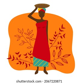 Colorful vector illustration of tanzania girl. African woman with leaves on the orange background.