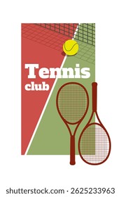 Colorful vector illustration of tennis club poster featuring two rackets, yellow ball, and divided court with net. Sport-themed design suitable for advertising, promotion, logos, badges, signage.