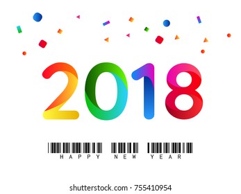 Colorful vector illustration of text "2018" with gradients and bar code of "Happy New Year" text.