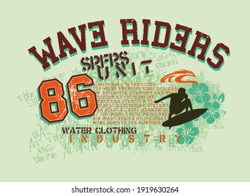 Colorful vector illustration of text and elements related to surfing. Art for t-shirts, posters and etc ...