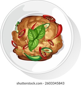 Colorful vector illustration of Thai basil chicken with vibrant peppers and fresh herbs on a white plate