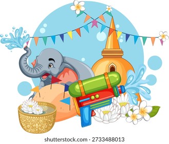 Ilustração vetorial colorida da celebração do Ano Novo tailandês com elefante, arma de água e pagode dourado