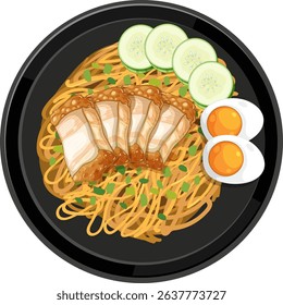 Colorful vector illustration of a Thai noodle dish with sliced pork, boiled eggs, and cucumber on a black plate
