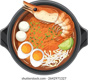 Colorful vector illustration of Thai shrimp noodle soup with eggs, lime, and herbs in a black bowl