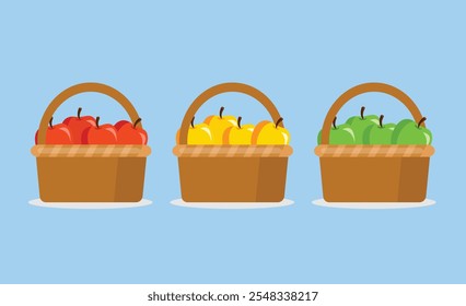 Colorful vector illustration of three baskets filled with red, yellow, and green apples. Perfect for designs related to farming, fresh fruits, food markets, healthy eating, and organic products