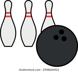 Colorful vector illustration of three bowling pins and a bowling ball