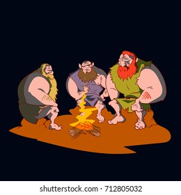 Colorful vector illustration of three cavemen sitting around a campfire at night.