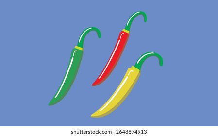 Colorful vector illustration of three chili peppers – red, green, and yellow – on a blue background. Perfect for culinary designs, food packaging, restaurant branding, and spicy food promotion.