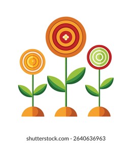 Colorful vector illustration of three stylized flowers with green leaves and orange soil