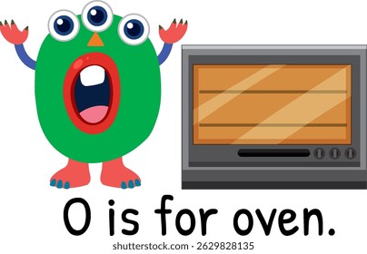 Ilustração vetorial colorida de um monstro de três olhos e um forno, ensinando a letra 'O'
