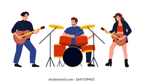 Ilustração vetorial colorida de uma banda de três membros tocando com dois guitarristas e um baterista. Os membros da banda são animados e vestidos em trajes casuais, mostrando um animado e energético