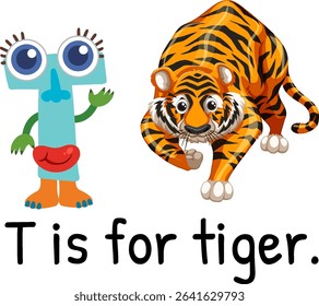 Colorful vector illustration of a tiger with a playful letter T character. Ideal for educational materials and children's content